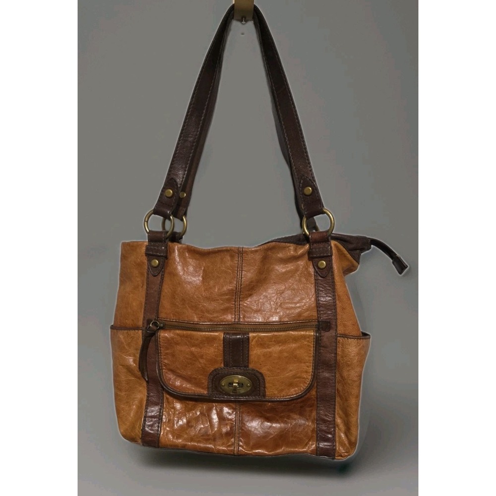 Fossil Heritage Triple Tote ZB4363 Two-Tone Brown Glazed Leather Vintage 2010